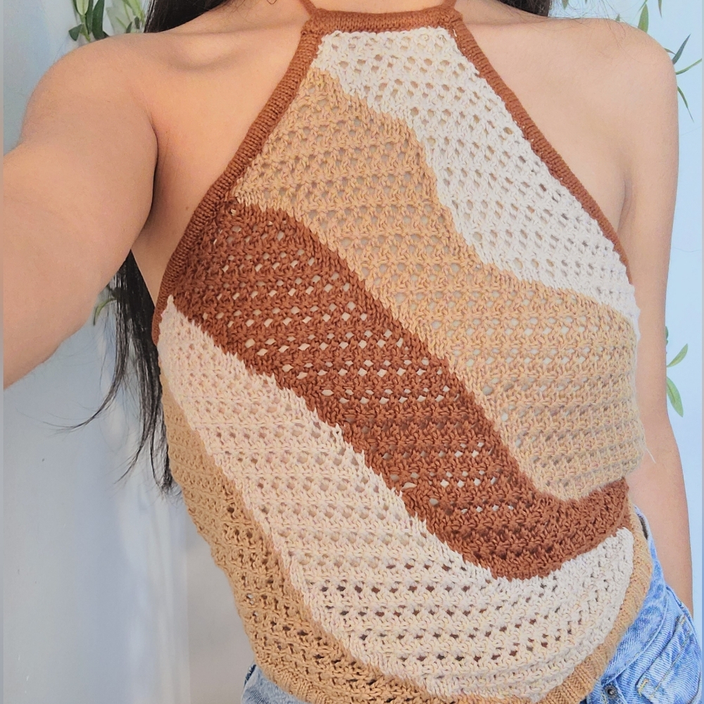 Promesa Crochet Halter Top in Brown and Cream
